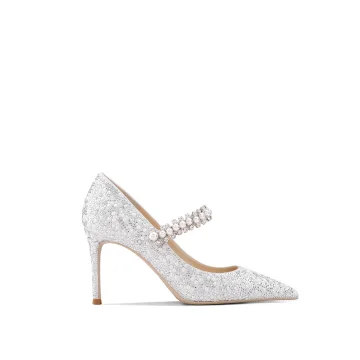 Luxury Gorgeous Ivory Glitter Wedding Shoes 2020 Leather Rhinestone Pearl 8 Cm Stiletto Heels Pointed Toe Wedding Pumps