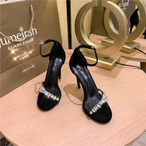 Enkla Svarta Gatukläder Sandaler Dam 2020 Ankelband Rhinestone 10 Cm Stilettklackar Peep Toe Sandaler