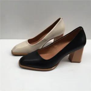 Modest Simple Black Casual Pumps 2020 Leather 6 Cm Thick Heels Square Toe Pumps