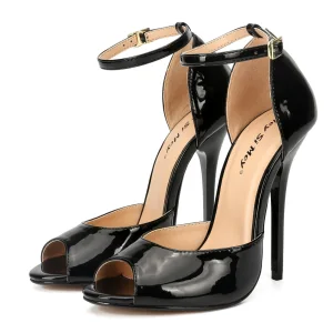 Chic Belle Noire Vêtement De Rue Sandales Femme 2020 Bride Cheville Cuir Verni 13 Cm Talons Aiguilles À Bout Pointu Sandales