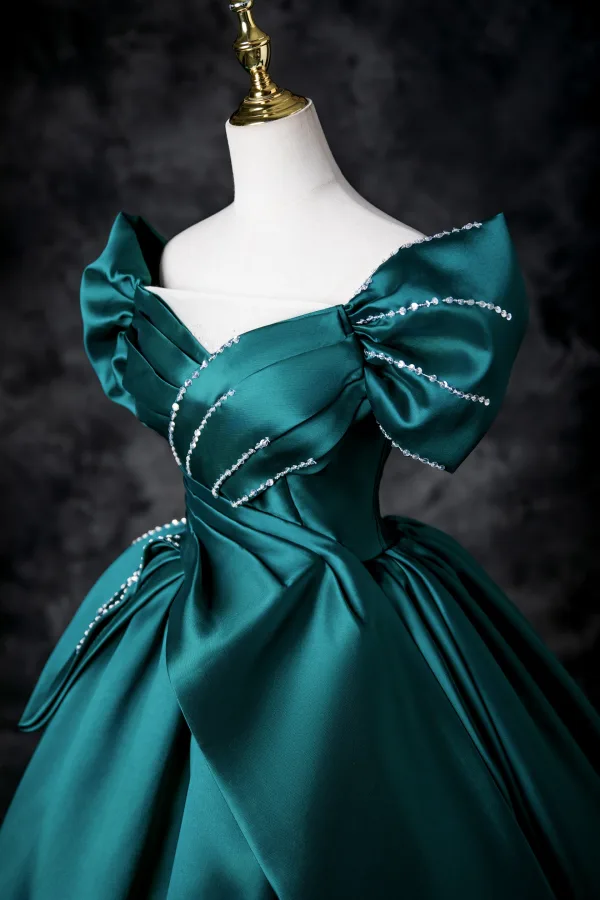 Demure Dark Green Beading Sequins Prom Dresses 2025 Ball Gown Off-The-Shoulder Satin Short Sleeve Backless Floor-Length / Long Prom Formal Dresses