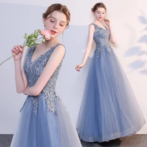 Chic Belle Océan Bleu Robe De Soirée 2018 Princesse Appliques En Dentelle V Cou Dos Nu Sans Manches Longue Robe De Ceremonie