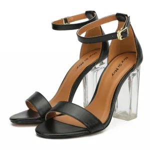 Schlicht Schwarz Strassenmode Sandalen Damen 2020 Knöchelriemen 10 Cm Thick Heels Peeptoes Sandaletten