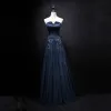 Chic / Belle Bleu Marine Robe De Soirée 2018 Princesse Cristal Bustier Sans Manches Dos Nu Longue Robe De Ceremonie