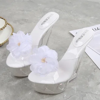Transparent Charmant Jardin Extérieur Blanche Sandales Femme 2020 Fleur 14 Cm Compensées Peep Toes Bout Ouvert Sandales