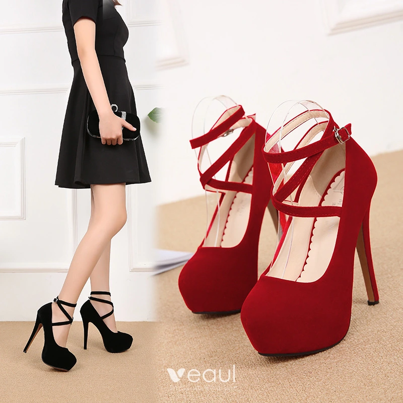 Chic Belle Rouge Vetement de rue Daim Escarpins 2020 Bride Cheville 14 cm Talons Aiguilles A Bout Rond Escarpins