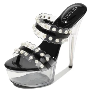 Sexy Noire Vêtement De Rue Perle Sandales Femme 2020 15 Cm Talons Aiguilles Plateforme Peep Toes Bout Ouvert Sandales