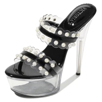 Sexy Black Street Wear Pearl Womens Sandals 2020 15 Cm Stiletto Heels Platform Open Peep Toe Sandals