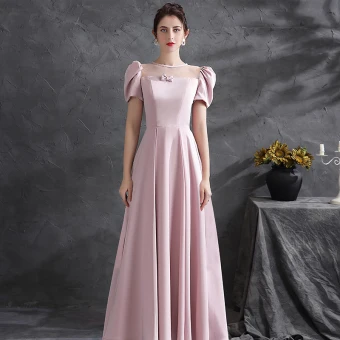 Elegante Blozen Roze Satijn Galajurken 2021 A Lijn Ronde Hals Ruglooze Strik Korte Mouwen Lange Gala Gelegenheid Jurken