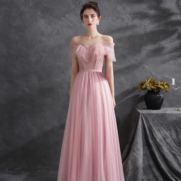 Chic Belle Rougissant Rose Robe De Bal 2021 Princesse De L 039 Épaule Perlage Faux Diamant Manches Courtes Dos Nu Longue Soirée Robe De Ceremonie