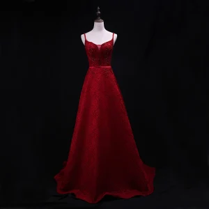Chic Belle Bordeaux Robe De Soirée 2018 Princesse Perlage En Dentelle Cristal Ceinture Paillettes Bretelles Spaghetti Sans Manches Dos Nu Train De Balayage Robe De Ceremonie