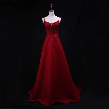 Chic Beautiful Burgundy Evening Dresses 2018 A Line Princess Beading Lace Crystal Sash Sequins Spaghetti Straps Sleeveless Backless Sweep Train Formal Dresses