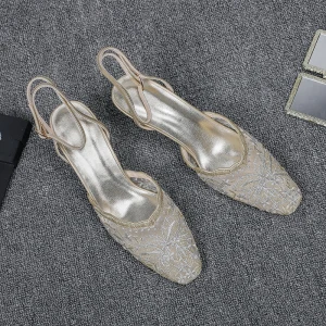 Eleganta Champagne Fest Spets Sandaler Dam 2020 Slingback 4 Cm Stilettklackar Låg Klack Spetsiga Sandaler