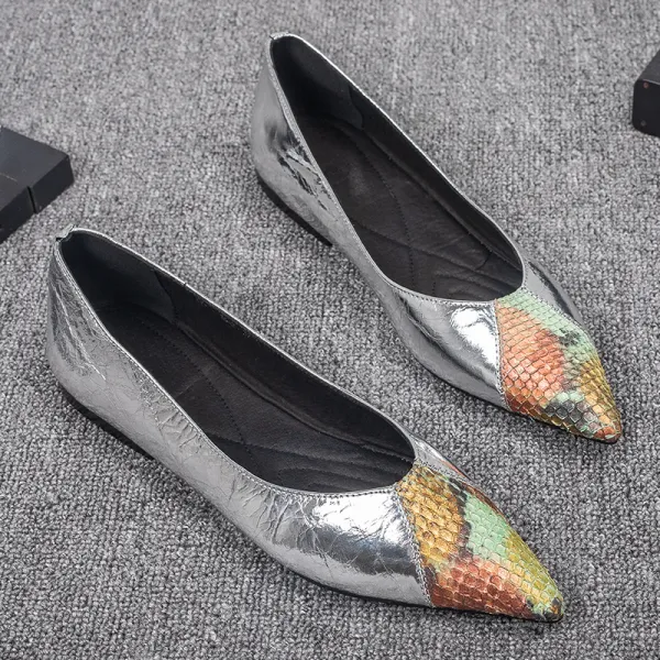 Modest / Simple Silver Casual Leather Flat Womens Shoes 2020 Pointed Toe