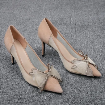 Chic Beautiful Khaki Prom Pumps 2020 Rhinestone Bow 7 Cm Stiletto Heels Pointed Toe Pumps
