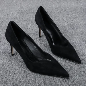 Eenvoudige Zwarte Kantoor Ol Suede Pumps 2020 7 Cm Naaldhakken Stiletto Spitse Neus Pumps
