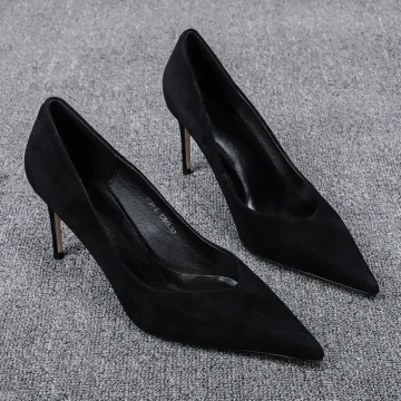 Enkla Svarta Kontors Ol Mocka Pumps 2020 7 Cm Stilettklackar Spetsiga Pumps