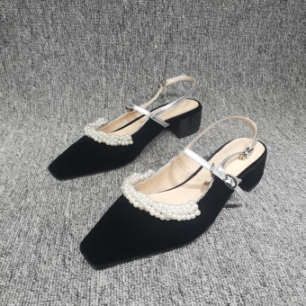 Chic Beautiful Black Casual Pearl Womens Sandals 2020 Slingbacks 4 Cm Thick Heels Low Heel Pointed Toe Sandals