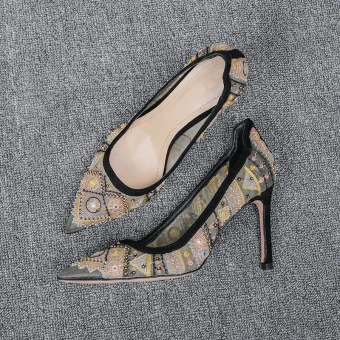 Chic Beautiful Black Street Wear Pumps 2020 Rhinestone Lace Flower 9 Cm Stiletto Heels Pointed Toe Pumps