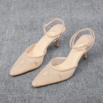 Schöne Nude Cocktail Spitze Sandalen Damen 2020 Knöchelriemen 6 Cm Stilettos Spitzschuh Sandaletten
