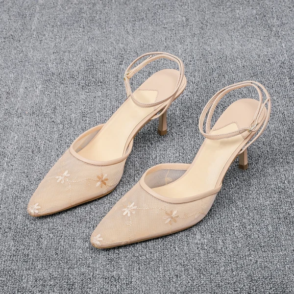 Schöne Nude Cocktail Spitze Sandalen Damen 2020 Knöchelriemen 6 cm Stilettos Spitzschuh Sandaletten