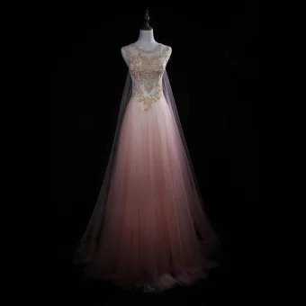 Chic Belle Rougissant Rose Robe De Soirée 2018 Princesse Fait Main Perlage Perle Paillettes En Dentelle Encolure Dégagée Sans Manches Longue Robe De Ceremonie