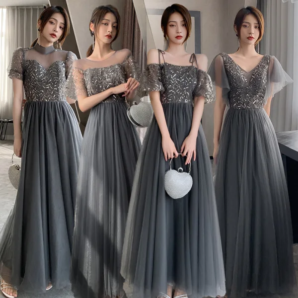 grey beaded bridesmaid dresses Long A-Line Chiffon Bridesmaid Dress, Sleeveless Beaded Bridesmaid Dre –  Dairy Bridal main image 0