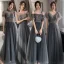 Chic / Beautiful Black Grey Bridesmaid Dresses 2021 A-Line / Princess Scoop Neck Beading Sequins Short Sleeve Backless Floor-Length / Long Bridesmaid Wedding Party Dresses