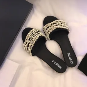 Enkla Svarta Sommar Casual Pärla Toffel Flip Flops 2020 Peep Toe Platt Damskor