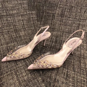 Uroczy Rumieniąc Różowy Koktajlowe Rhinestone Sandały Damskie 2020 Slingback 7 Cm Szpilki Szpiczaste Sandały