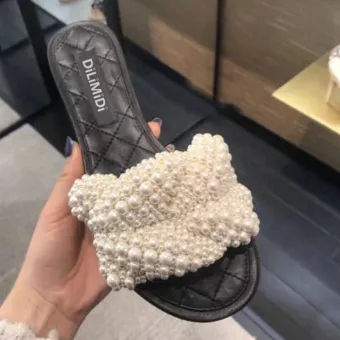 Chic Beautiful White Street Wear Pearl Slipper Flip Flops 2020 Open Peep Toe Womens Shoes