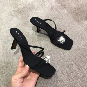 Enkla Svarta Gatukläder Rhinestone Sandaler Dam 2020 7 Cm Stilettklackar Peep Toe Sandaler