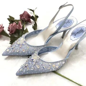 Charmant Bleu Ciel Faux Diamant Paillettes Chaussure De Mariée 2020 Slingbacks 7 Cm Talons Aiguilles À Bout Pointu Mariage Talons