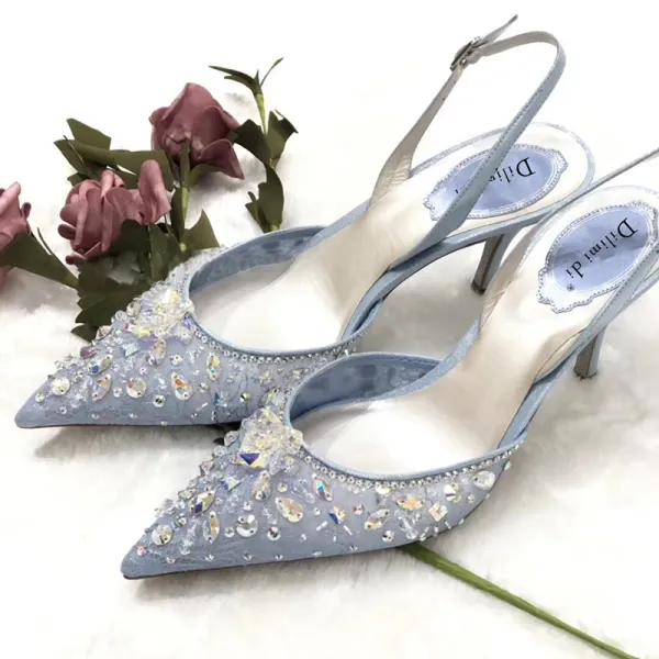 Encantador Azul Cielo Rhinestone Lentejuelas Zapatos de novia 2020 Slingbacks 7 cm Stilettos / Tacones De Aguja Punta Estrecha Boda De Tacón