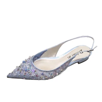 Charming Summer Sky Blue Cocktail Party Womens Shoes 2020 Rhinestone Sequins Pointed Toe Flat Sandals