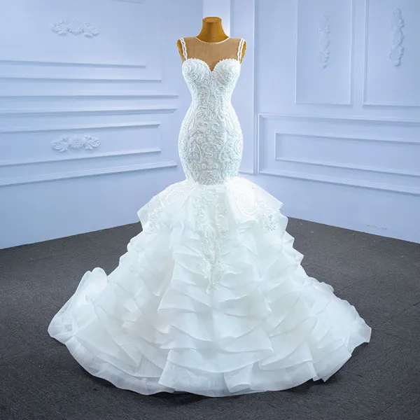 High-end Ivory Lace Cascading Ruffles Wedding Dresses 2021 Trumpet / Mermaid Scoop Neck Beading Sleeveless Backless Court Train Wedding