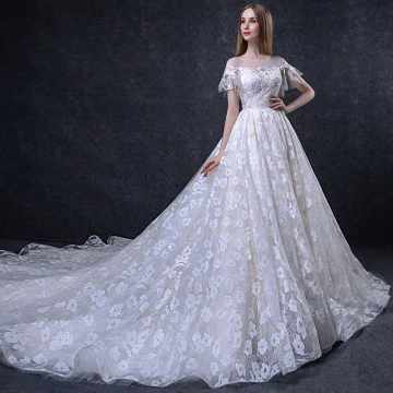 Chic Belle Champagne Robe De Mariée 2018 Princesse Appliques Paillettes Encolure Dégagée Dos Nu Manches Courtes Cathedral Train Mariage