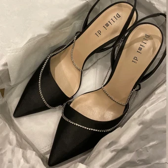 Chic Belle Noire Cocktail Slingbacks Sandales Femme 2020 Faux Diamant 8 Cm Talons Aiguilles À Bout Pointu Sandales