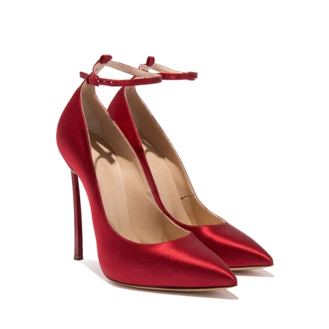 Elegant Burgundy Evening Party Satin Pumps 2020 Ankle Strap 12 cm Stiletto Heels Pointed Toe Pumps