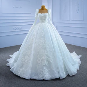 Luxus Herrlich Ivory Creme Glanz Brautkleider Hochzeitskleider Ballkleid 2021 Rundhalsausschnitt Perlenstickerei Spitze Blumen Lange Ärmel Kapelle Schleppe Hochzeit