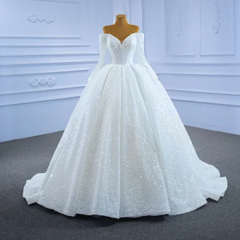 Luxe Ivoire Robe De Mariée 2021 Robe Boule Gland Perle De L Épaule Perlage Paillettes Manches Longues Dos Nu Tribunal Train Mariage