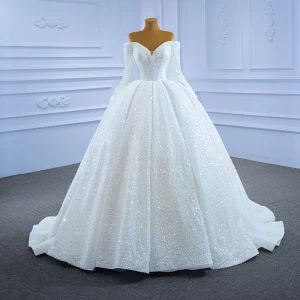 Luxury Gorgeous Ivory Wedding Dresses 2021 Ball Gown Tassel Pearl Off The Shoulder Beading Sequins Long Sleeve Backless Court Train Wedding