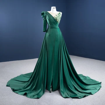 Élégant Haut De Gamme Vert Foncé Satin Robe De Soirée 2021 Princesse Encolure Dégagée Perlage Paillettes 3 4 Manches Ceinture Chapel Train Soirée Robe De Ceremonie
