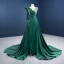 Elegant High-end Dark Green Satin Evening Dresses  2021 A-Line / Princess Scoop Neck Beading Sequins 3/4 Sleeve Sash Chapel Train Evening Party Formal Dresses