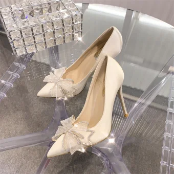 Charmant Beige Soirée Escarpins 2020 Cuir Faux Diamant Noeud 10 Cm Talons Aiguilles À Bout Pointu Escarpins