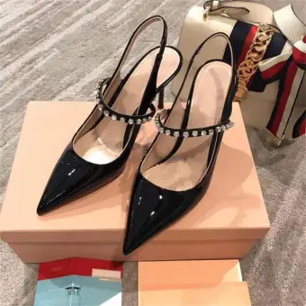 Chic Belle Noire Vêtement De Rue Slingbacks Sandales Femme 2020 Cuir Cuir Verni Faux Diamant 9 Cm Talons Aiguilles À Bout Pointu Sandales