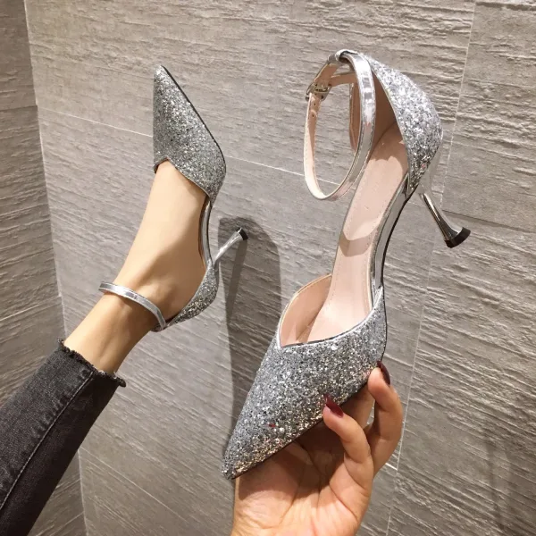 Scintillantes Argenté Soirée Paillettes Sandales Femme 2020 Bride Cheville 7 cm Talons Aiguilles À Bout Pointu Sandales