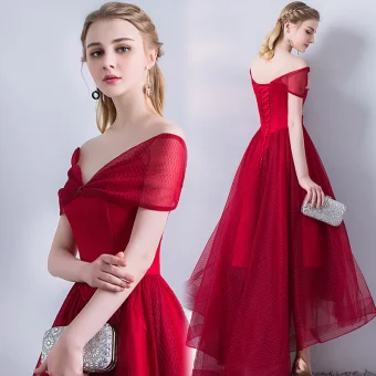 Chic Beautiful Burgundy Evening Dresses 2018 A Line Princess Asymmetrical Short Sleeve V Neck Backless Formal Dresses