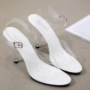 Transparent Sexy Blanche Vêtement De Rue Sandales Femme 2020 Bride Cheville 10 Cm Talons Aiguilles À Bout Pointu Sandales