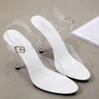 Transparent Sexy Blanche Vêtement De Rue Sandales Femme 2020 Bride Cheville 10 Cm Talons Aiguilles À Bout Pointu Sandales